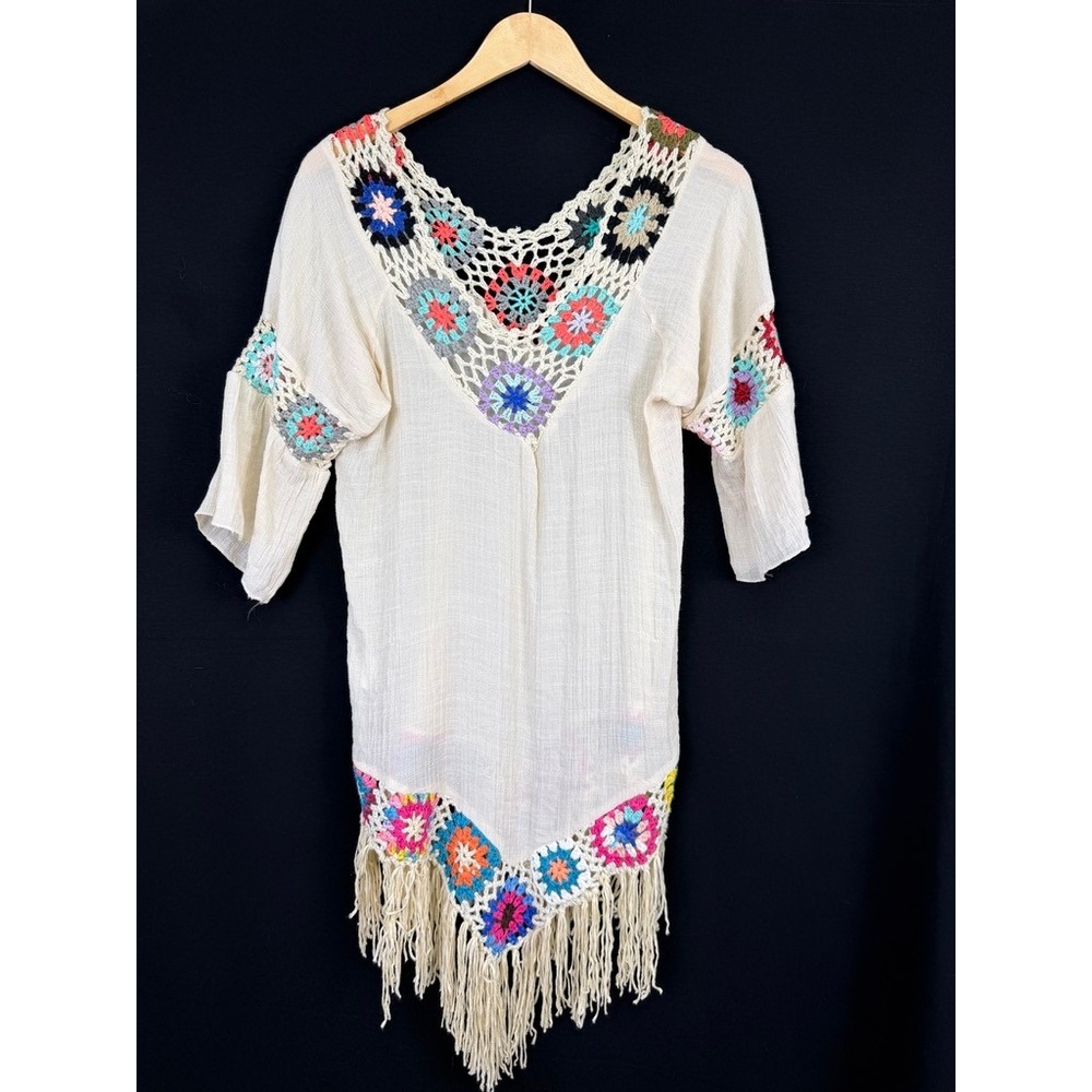 Dasayo Crochet Granny Square Fringe Tunic Dress Women One Size Cream Boho Indie